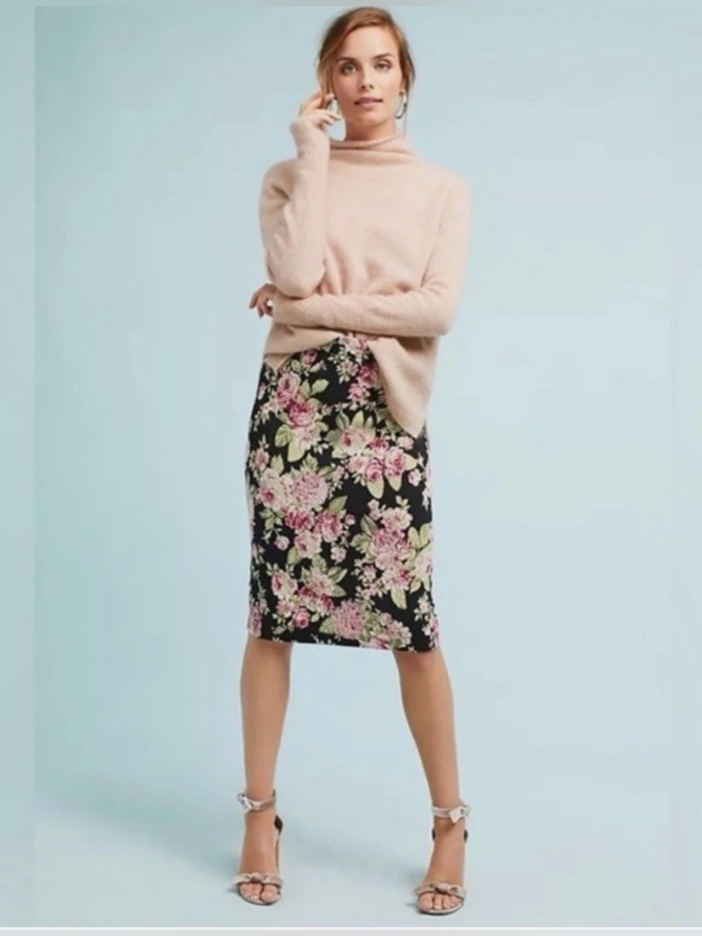 Anthropologie Maeve Floral Rose Pencil Skirt | Black Pink | M - Picture 1 of 10